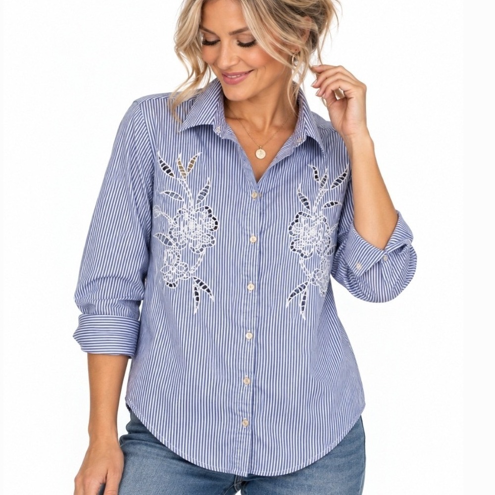 Bailey 44 Blue White Striped Floral Embroidered Button Down Shirt Size Small